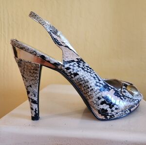 New BCBG Snake-Skin Slingback High Heel Peep-Toe (Black, Cream, Gold)